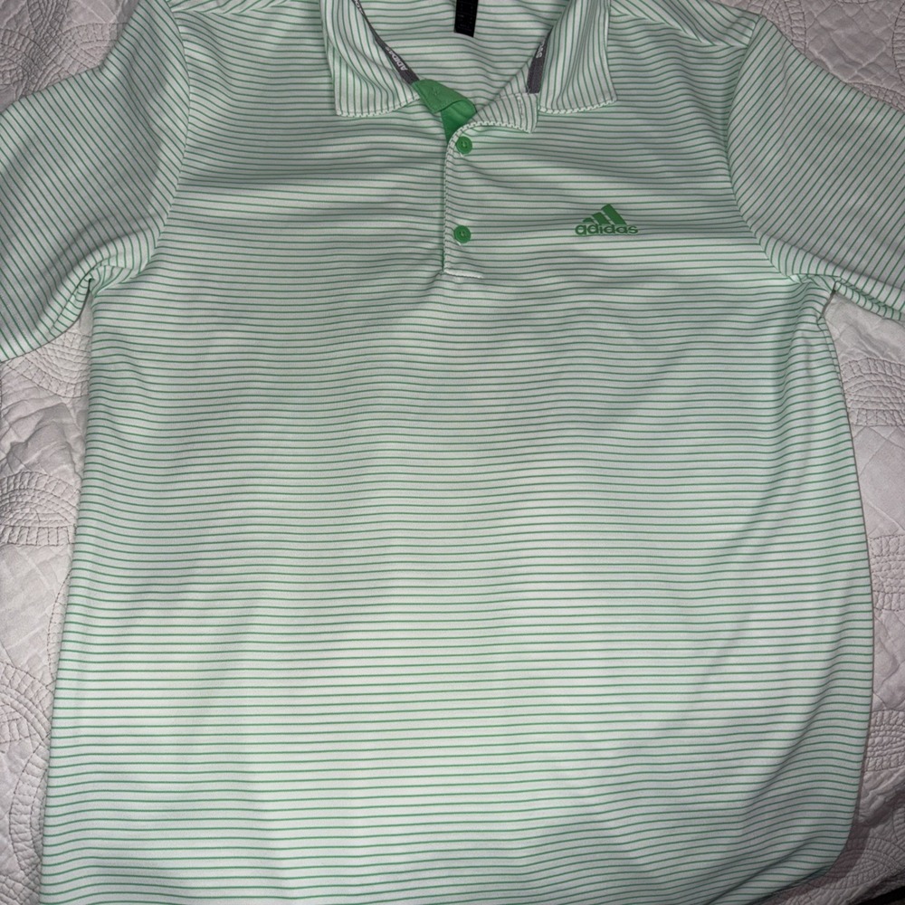 adidas Golf Men's S White Green Striped Performace Golf Short Sleeve Polo